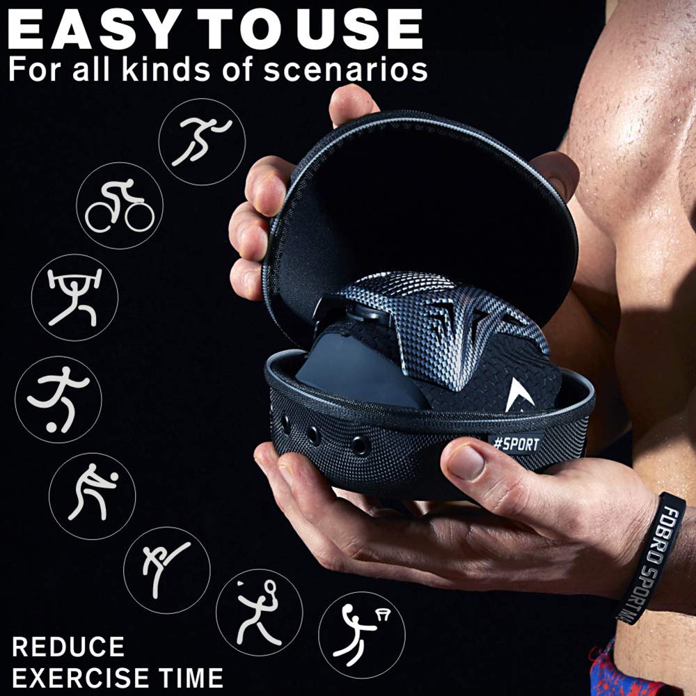Person holding a black sports bra with a bra case, surrounded by icons indicating various activities.