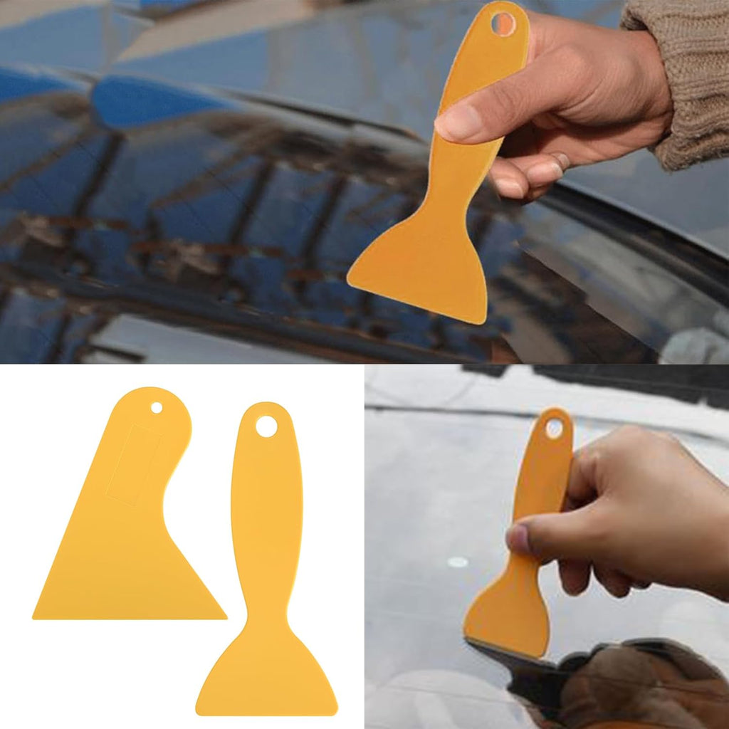 Yellow car window cleaning tool being used on a car windshield with additional tools displayed below.