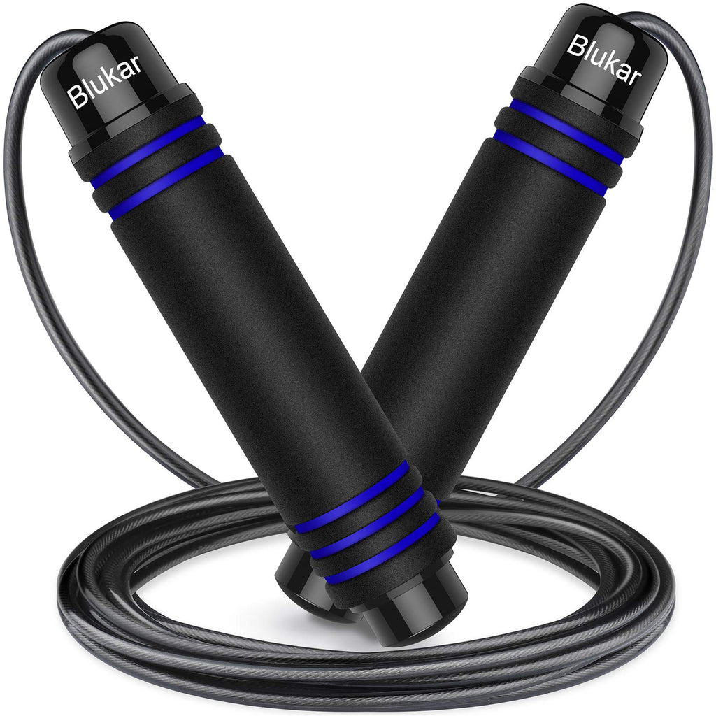 Black skipping rope with blue accents on a white background