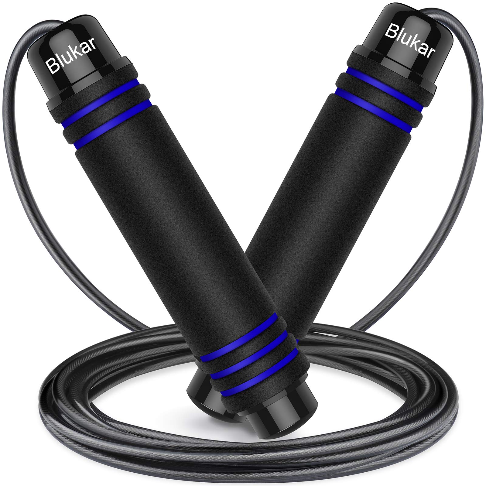 Black skipping rope with blue accents on a white background