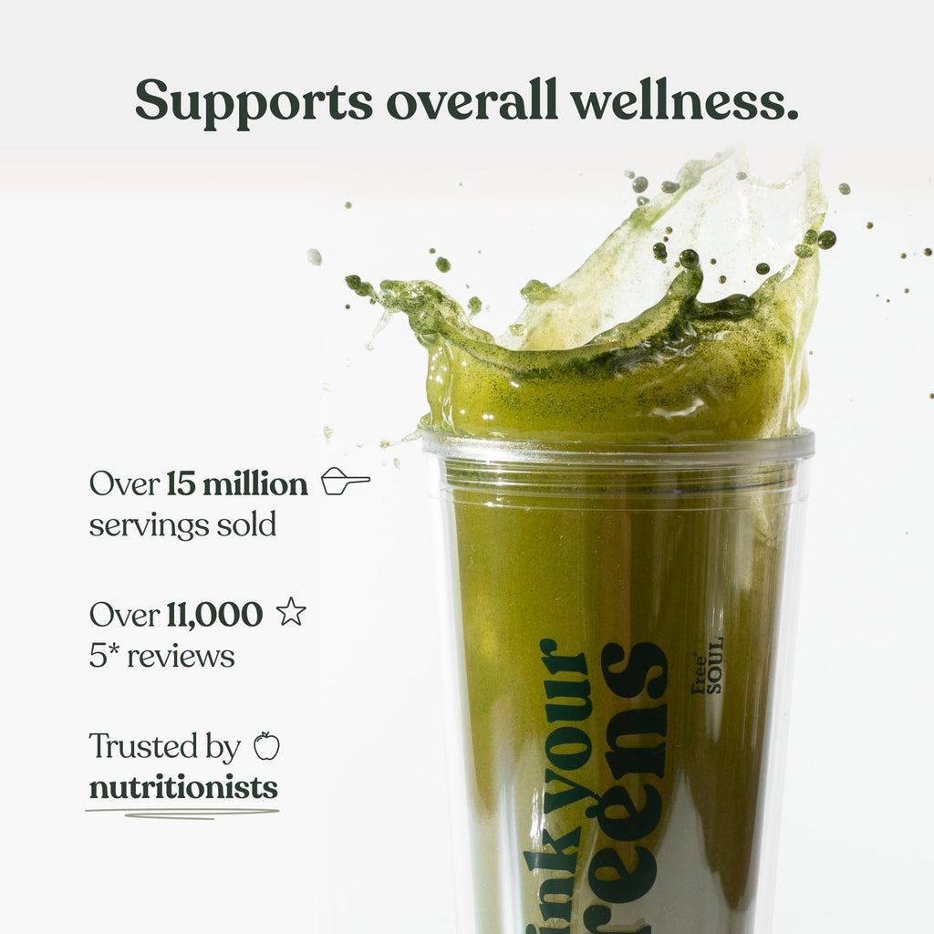 Green juice in a clear cup with text highlighting wellness benefits and product trustworthiness.