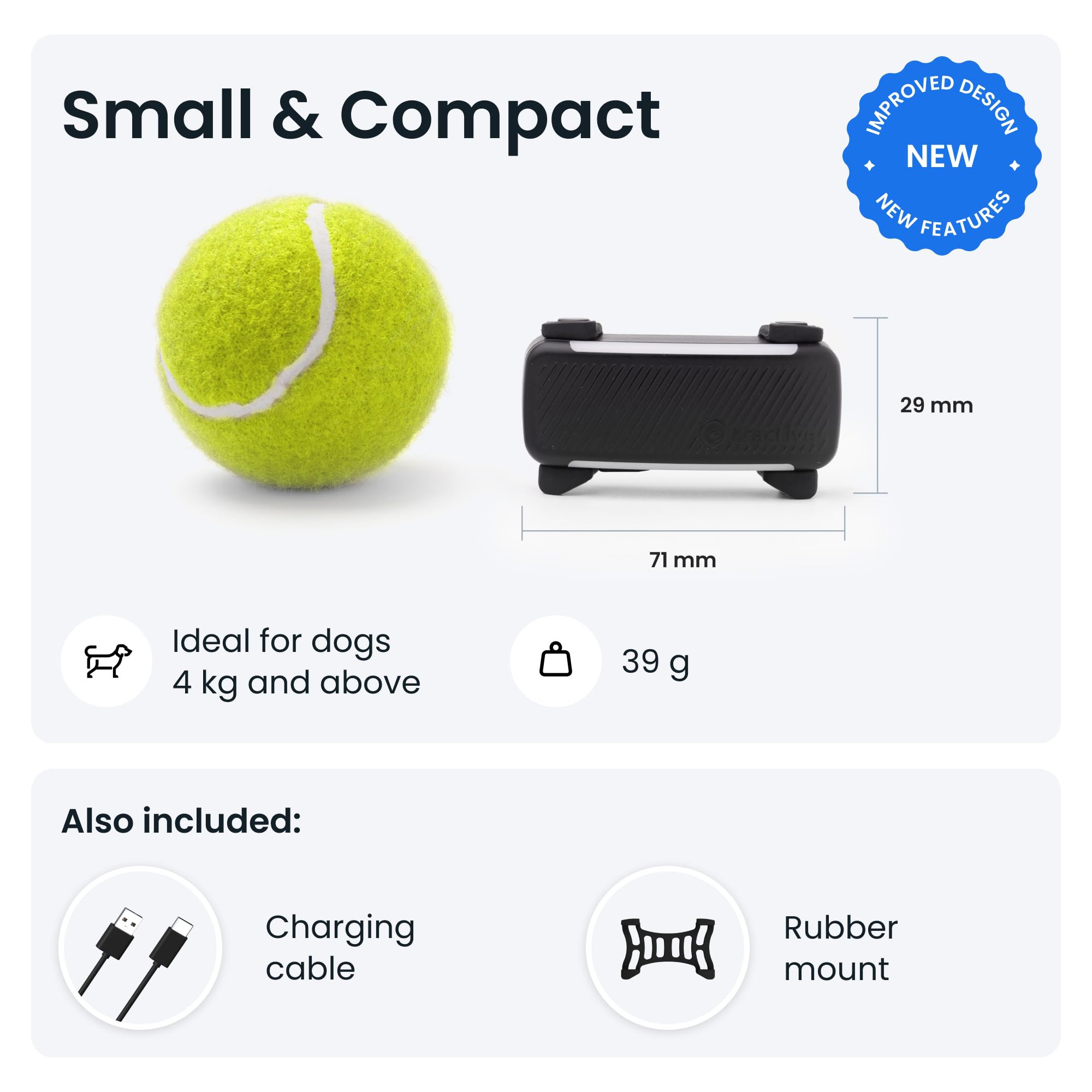 Small & Compact product with tennis ball and charging cable on a white background