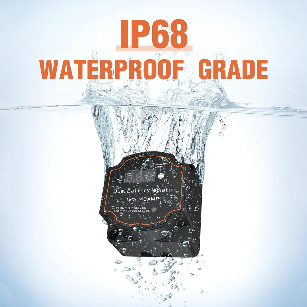 Dual battery isolator with water splashes and 'IP68 Waterproof Grade' text on a light blue background