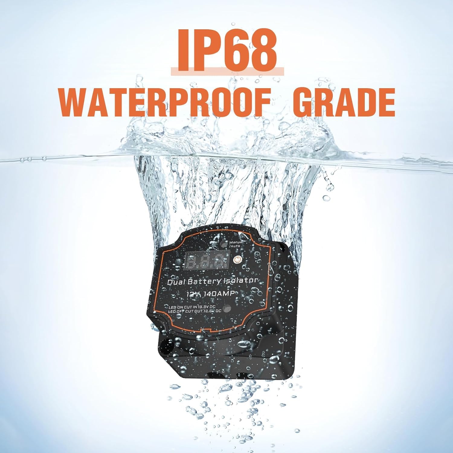 Dual battery isolator with water splashes and 'IP68 Waterproof Grade' text on a light blue background