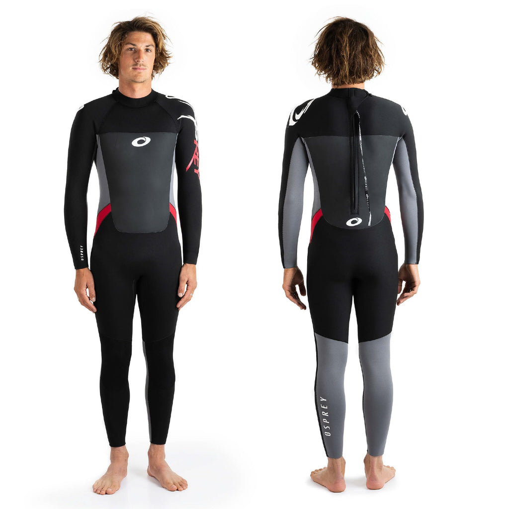 Person wearing a black and gray wetsuit from front and back views on a white background