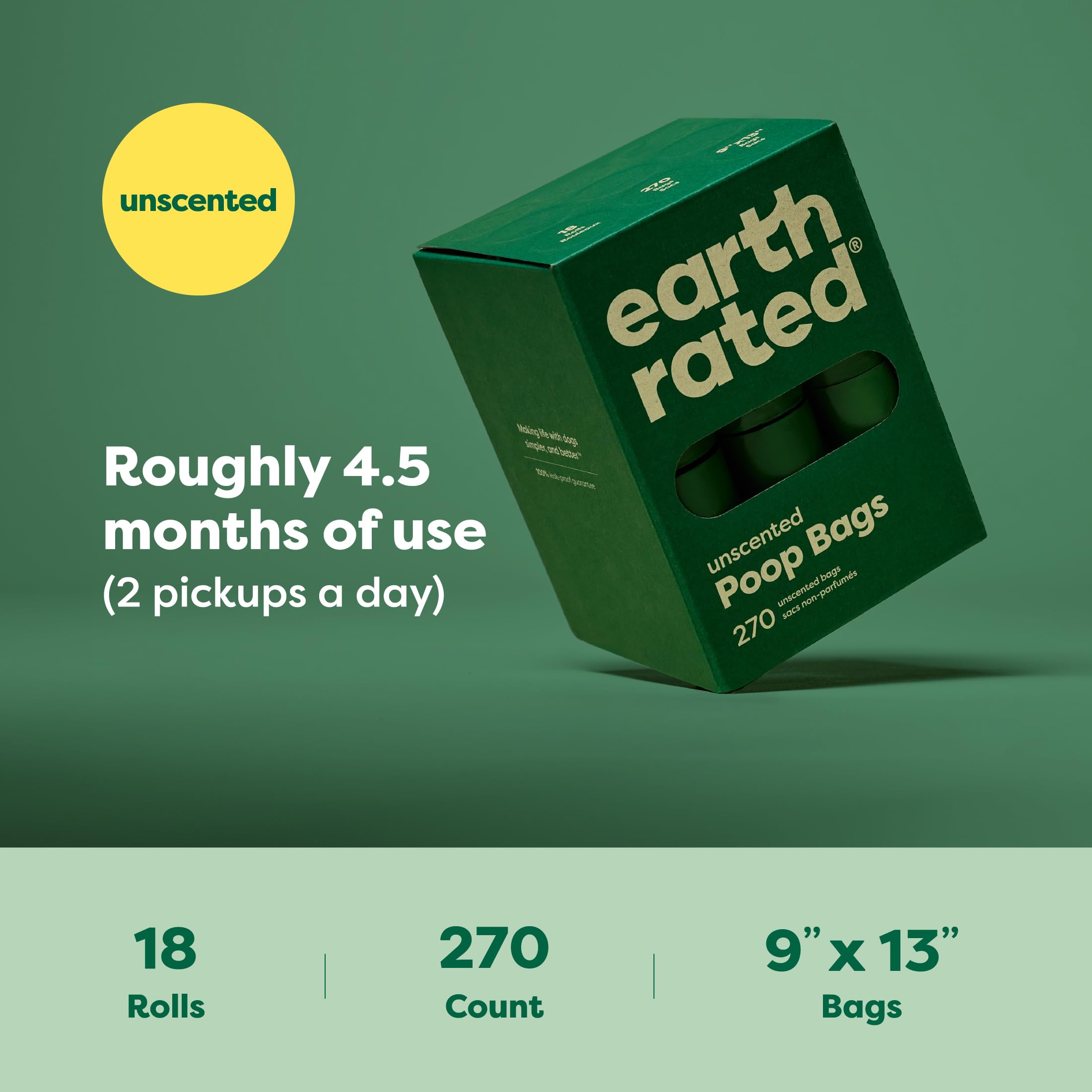 Green packaging of earth rated poop bags with product details on a green background