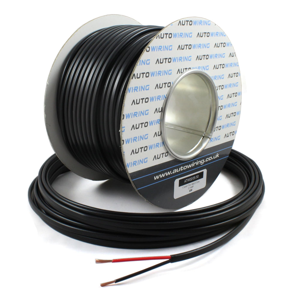Spool of black wire with visible branding on a white background