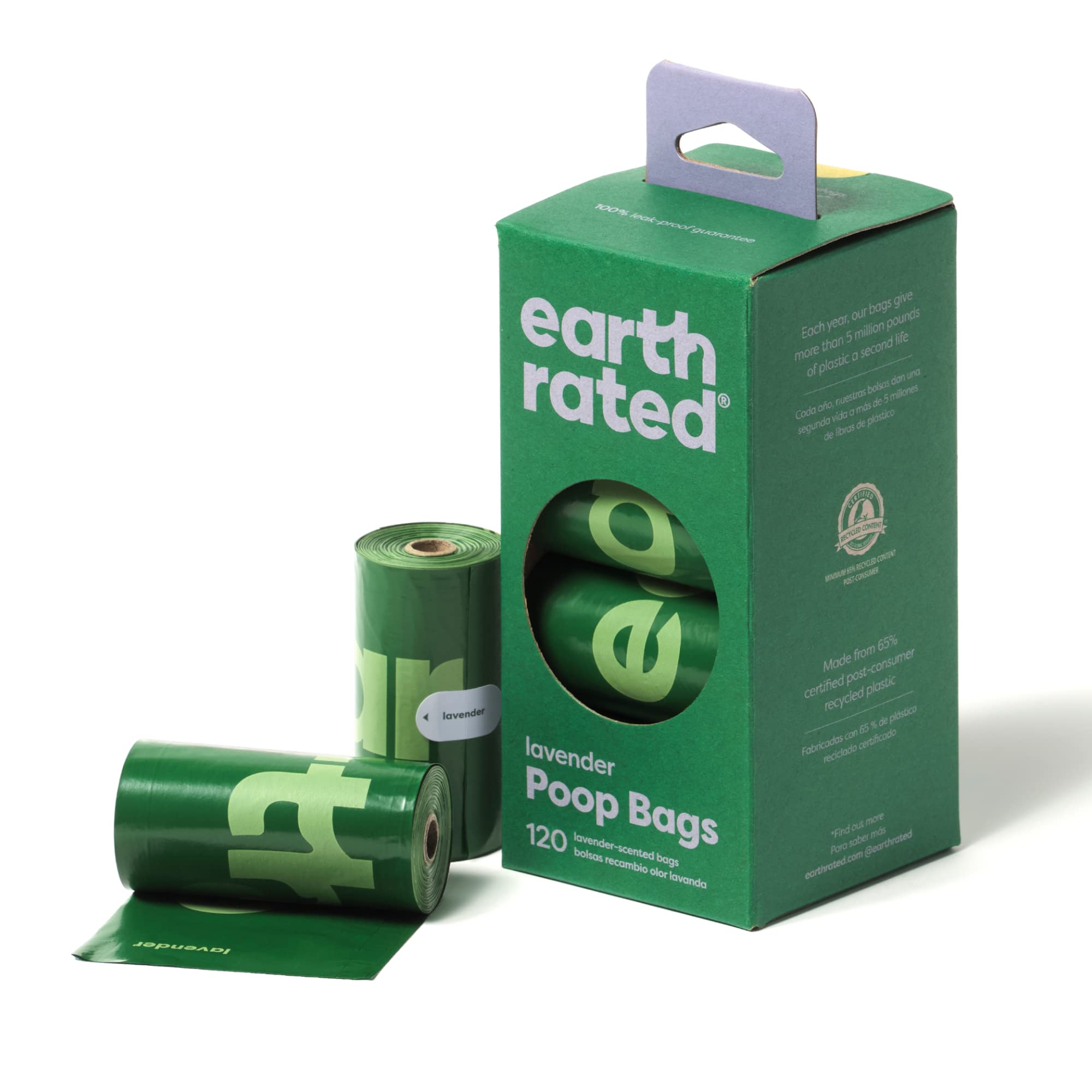 Green 'earth rated' poop bag packaging with rolls on a white background