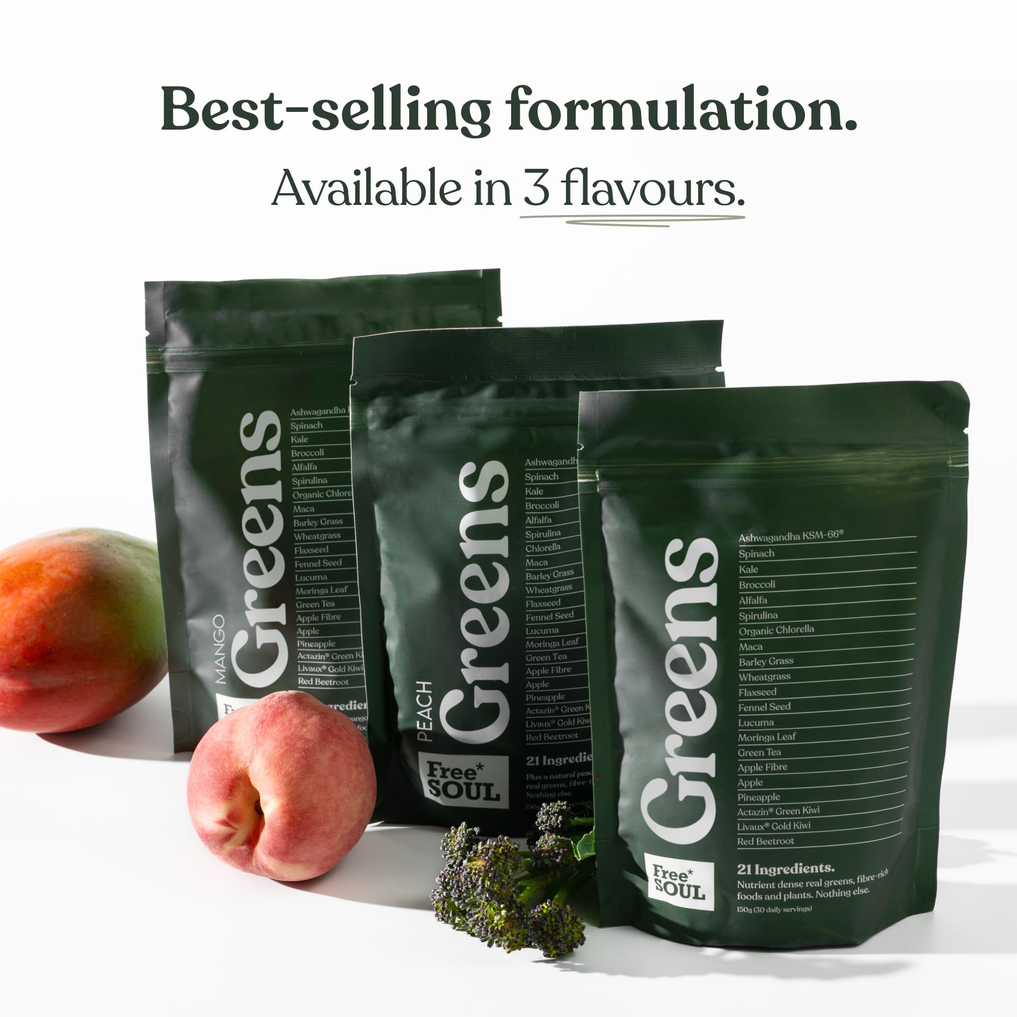 Green packaging of 'Free Soul Greens' with peaches on a white background
