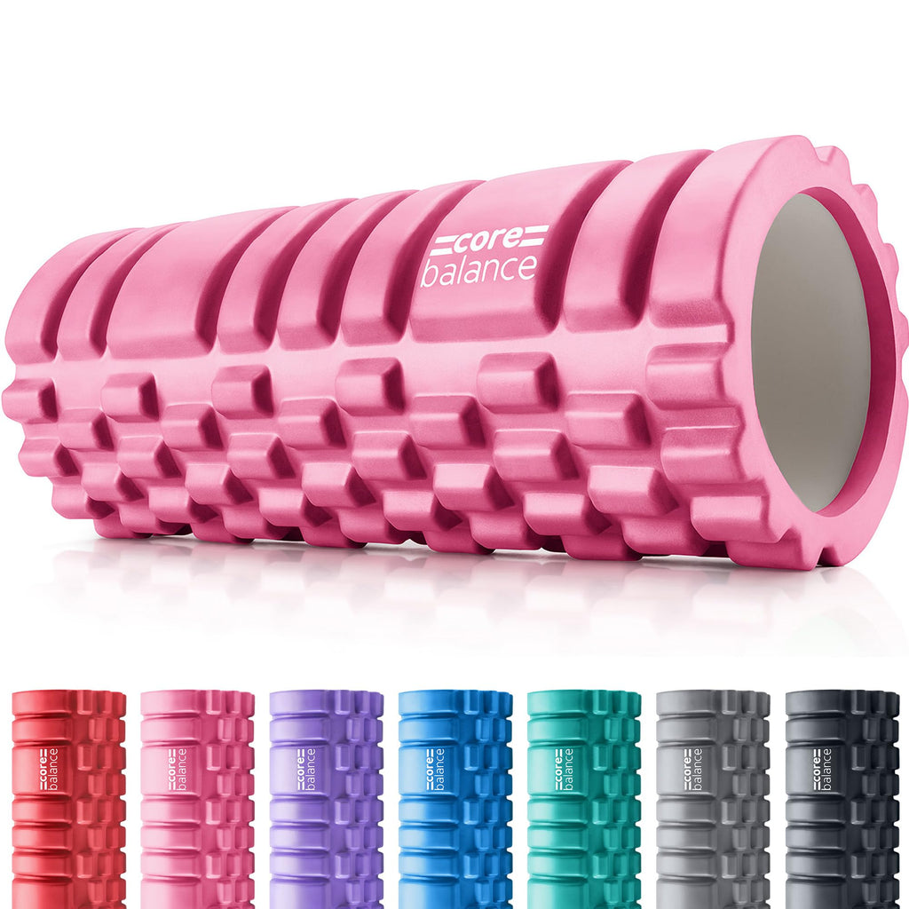 Pink foam roller with 'core balance' branding on a white background, surrounded by other color options.