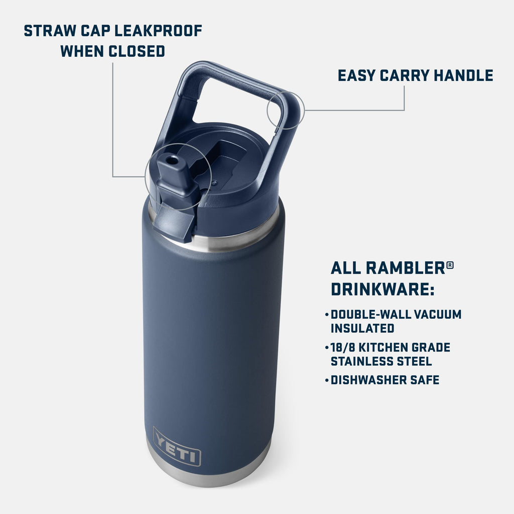 Navy blue YETI water bottle with features highlighted on a white background