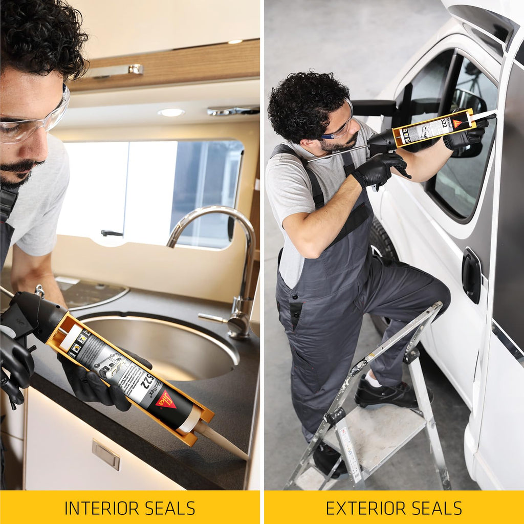 Person applying sealant to interior and exterior of a vehicle.