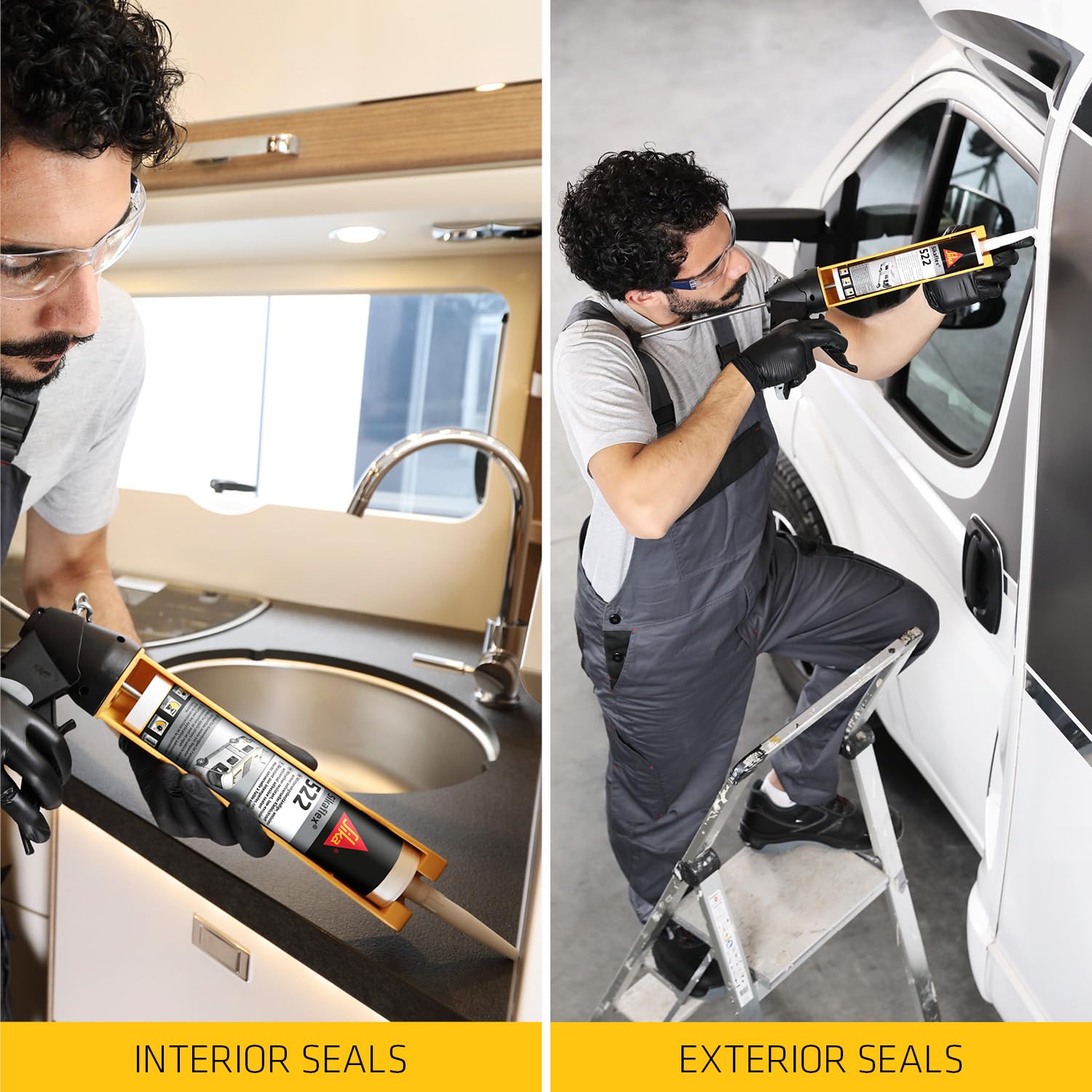 Person applying sealant to interior and exterior of a vehicle.