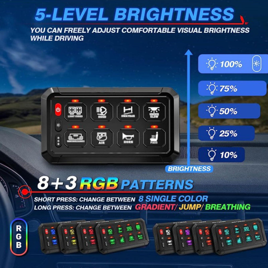 Car dashboard control panel with 5-level brightness and 8+3 RGB patterns display.