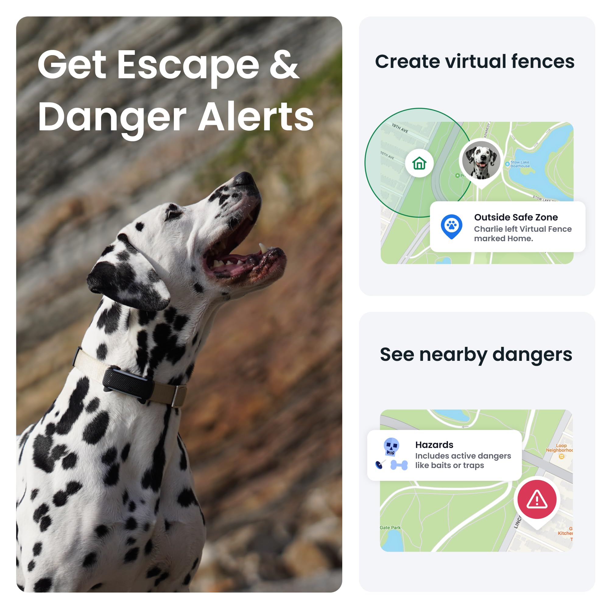 Dalmatian dog with app interface showing escape and danger alerts on a screen.