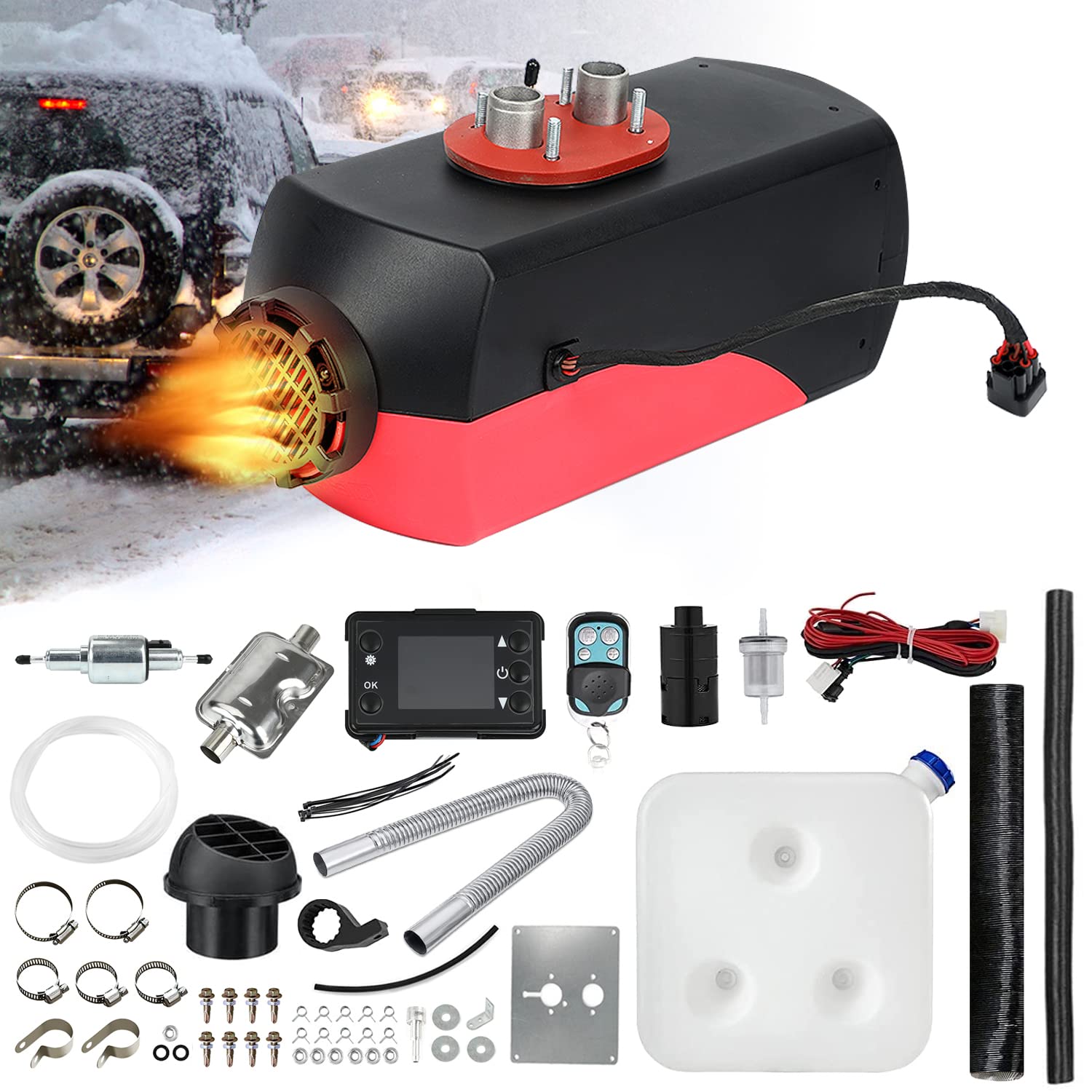 Car heater with accessories on a snowy background