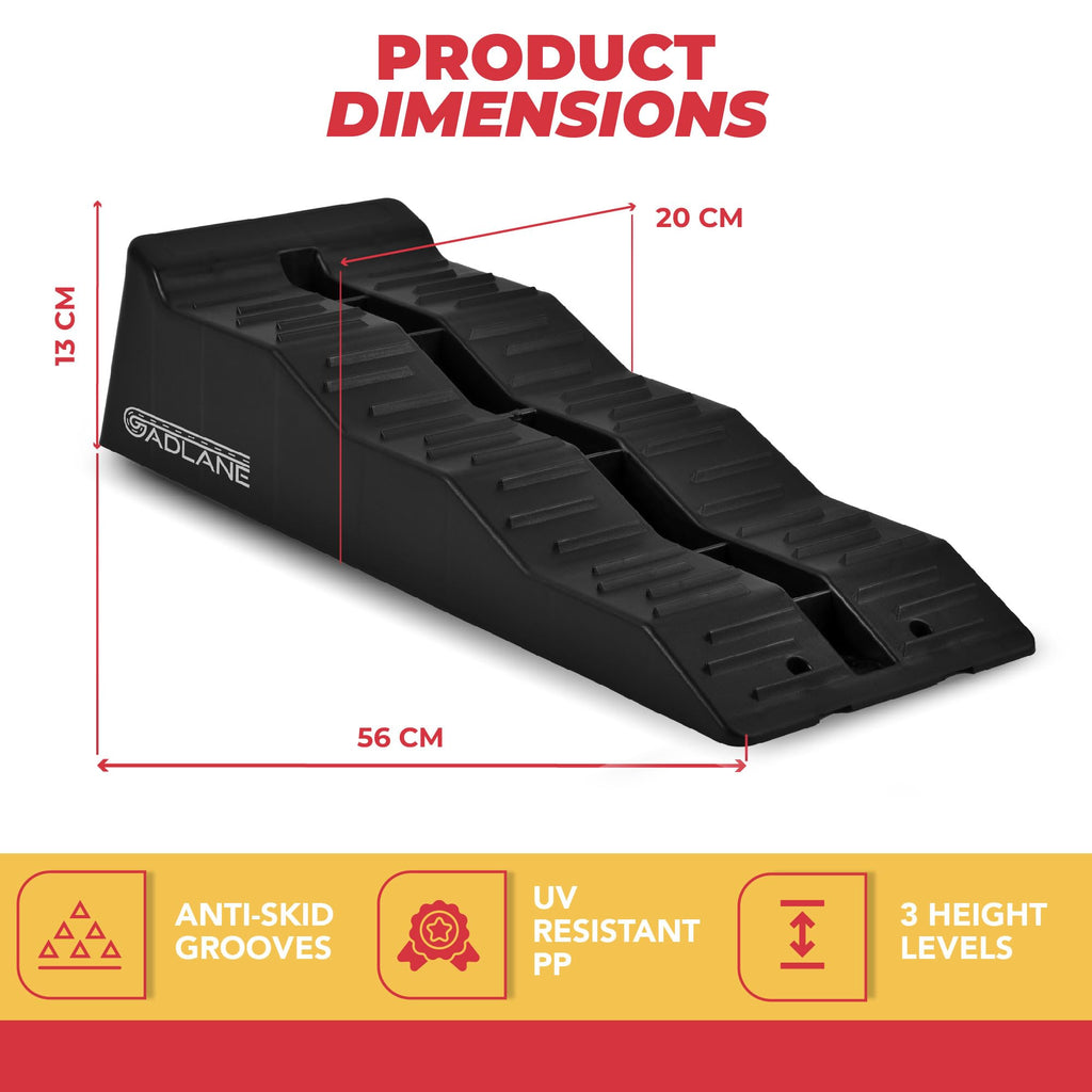 Black car ramp with dimensions and features on a white background
