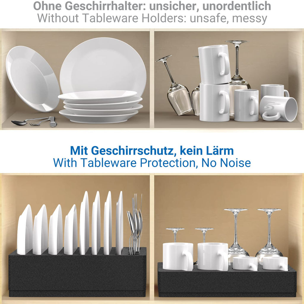 Dishware set with tableware holders and protection against noise on a beige background.