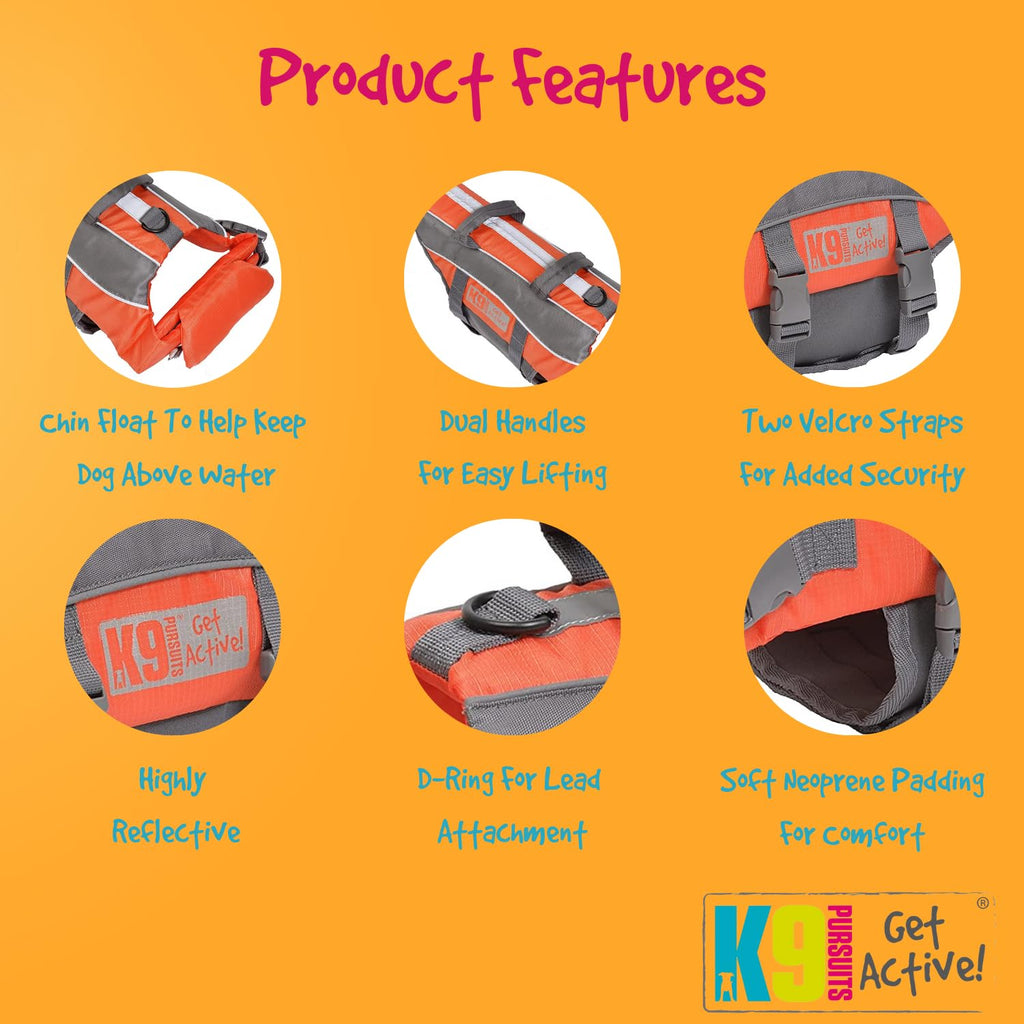 Product features of a dog flotation device with K9 Sports branding on an orange background.
