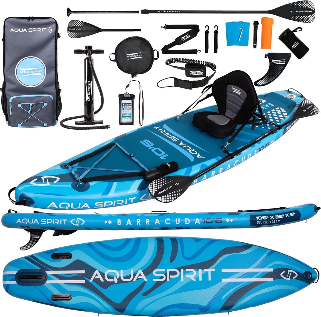 Blue Aqua Spirit kayak with accessories on a white background