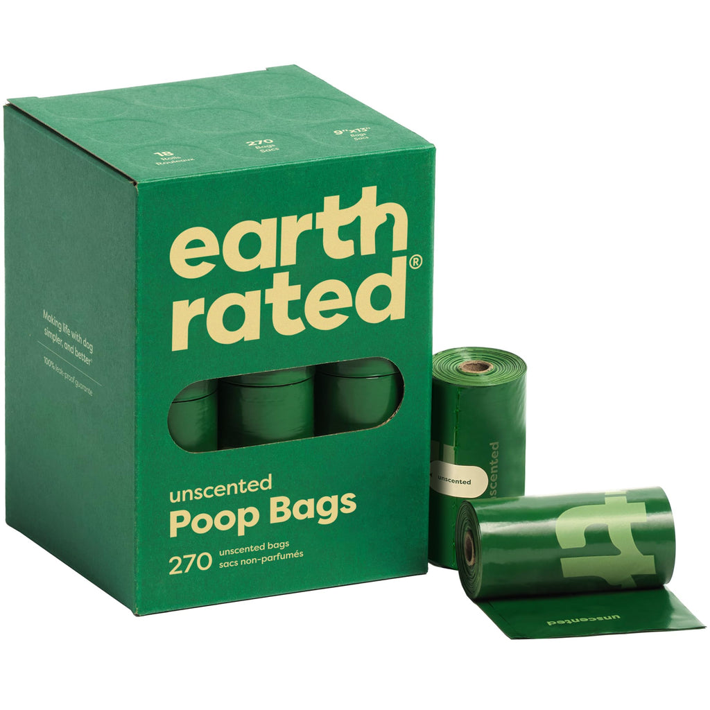 Green packaging of earth rated poop bags with a roll of bags on a white background