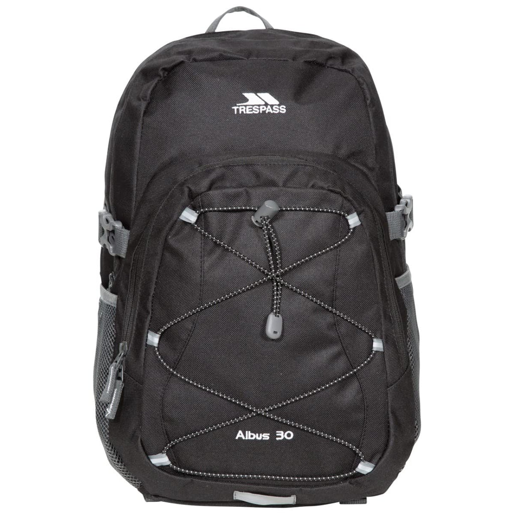 Black backpack with 'Trespass' branding on a white background