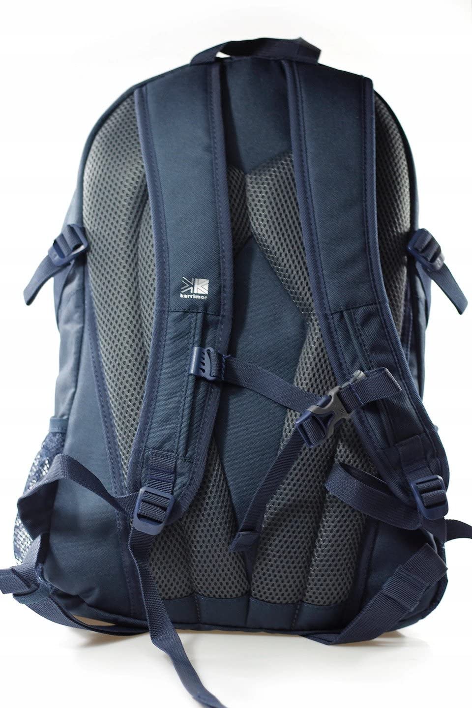 Navy blue backpack with visible brand logo on a white background