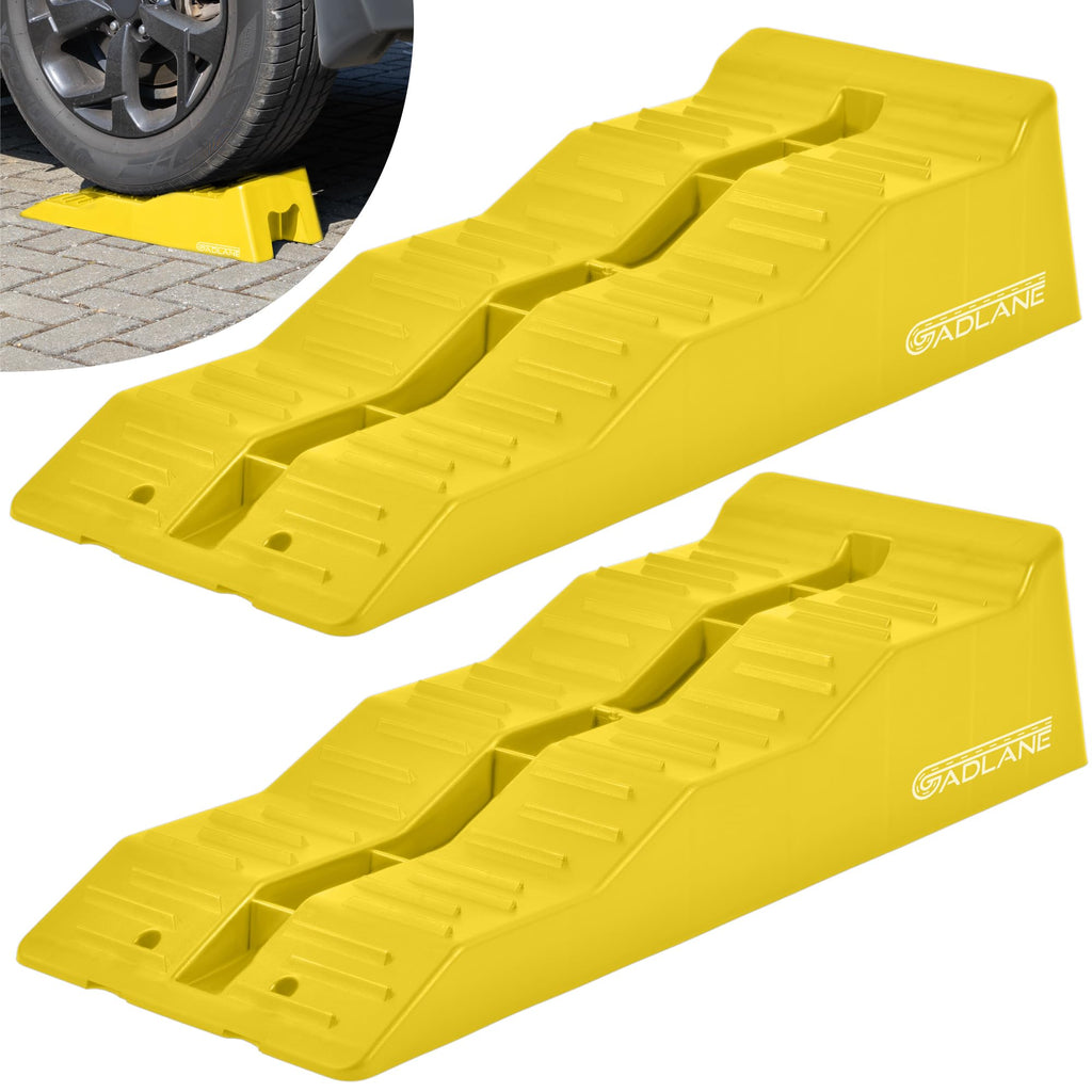 Two yellow car ramps with 'OADLANE' branding on a white background.