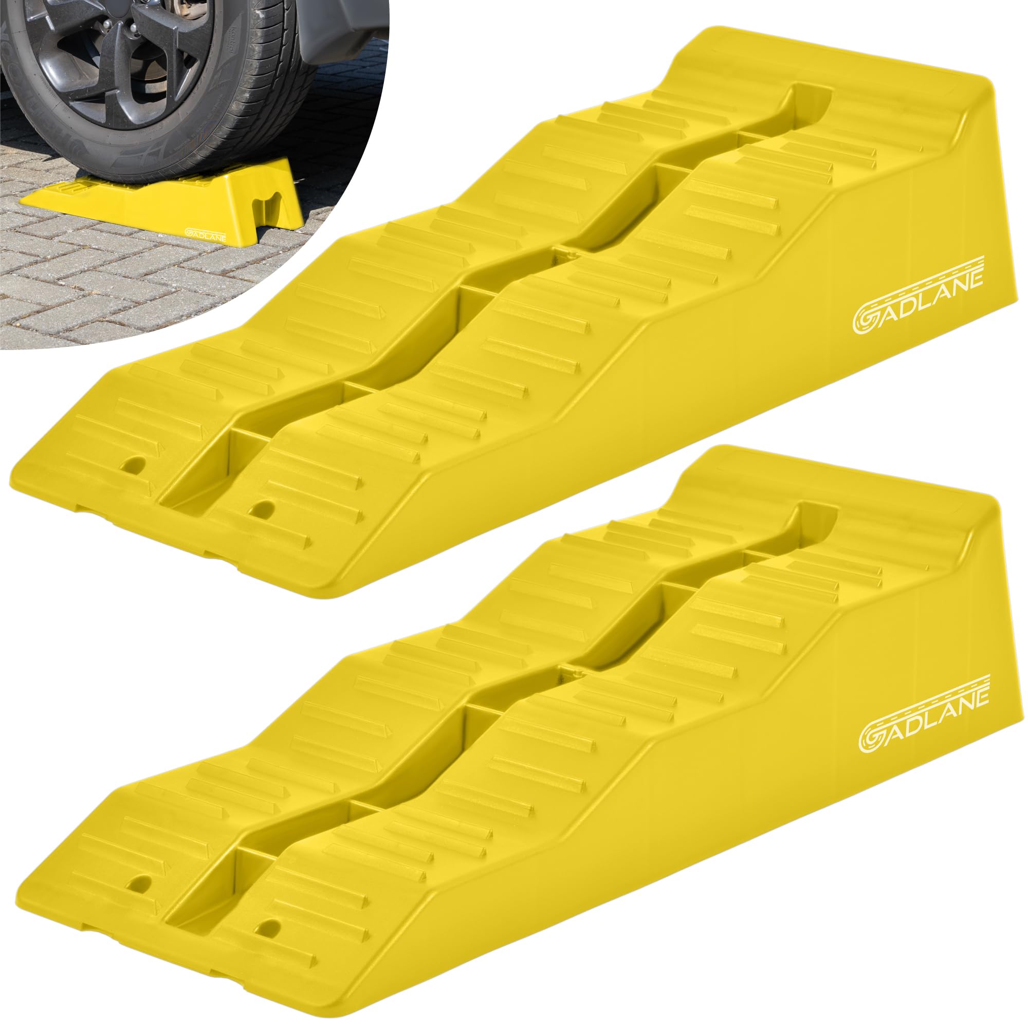 Two yellow car ramps with 'OADLANE' branding on a white background.