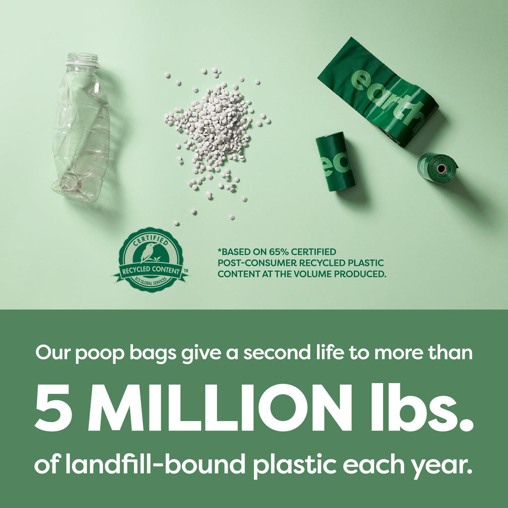 Green poop bag packaging with recycled content label and text on a green background