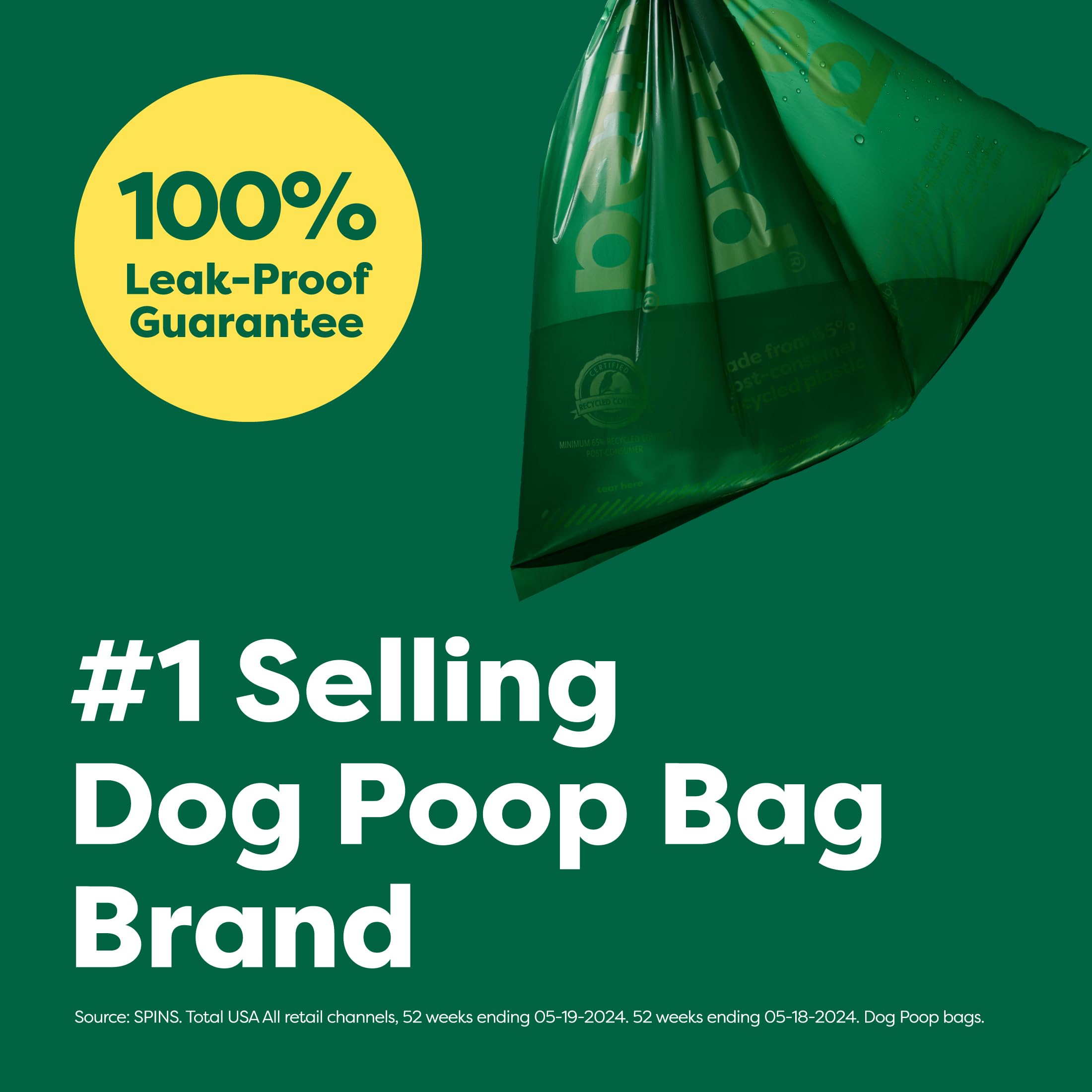 Green dog poop bag with a '100% Leak-Proof Guarantee' label on a green background.