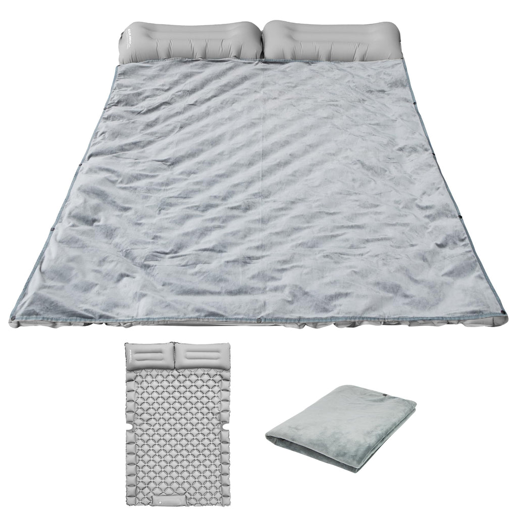 Gray sleeping bag with pillow on a white background
