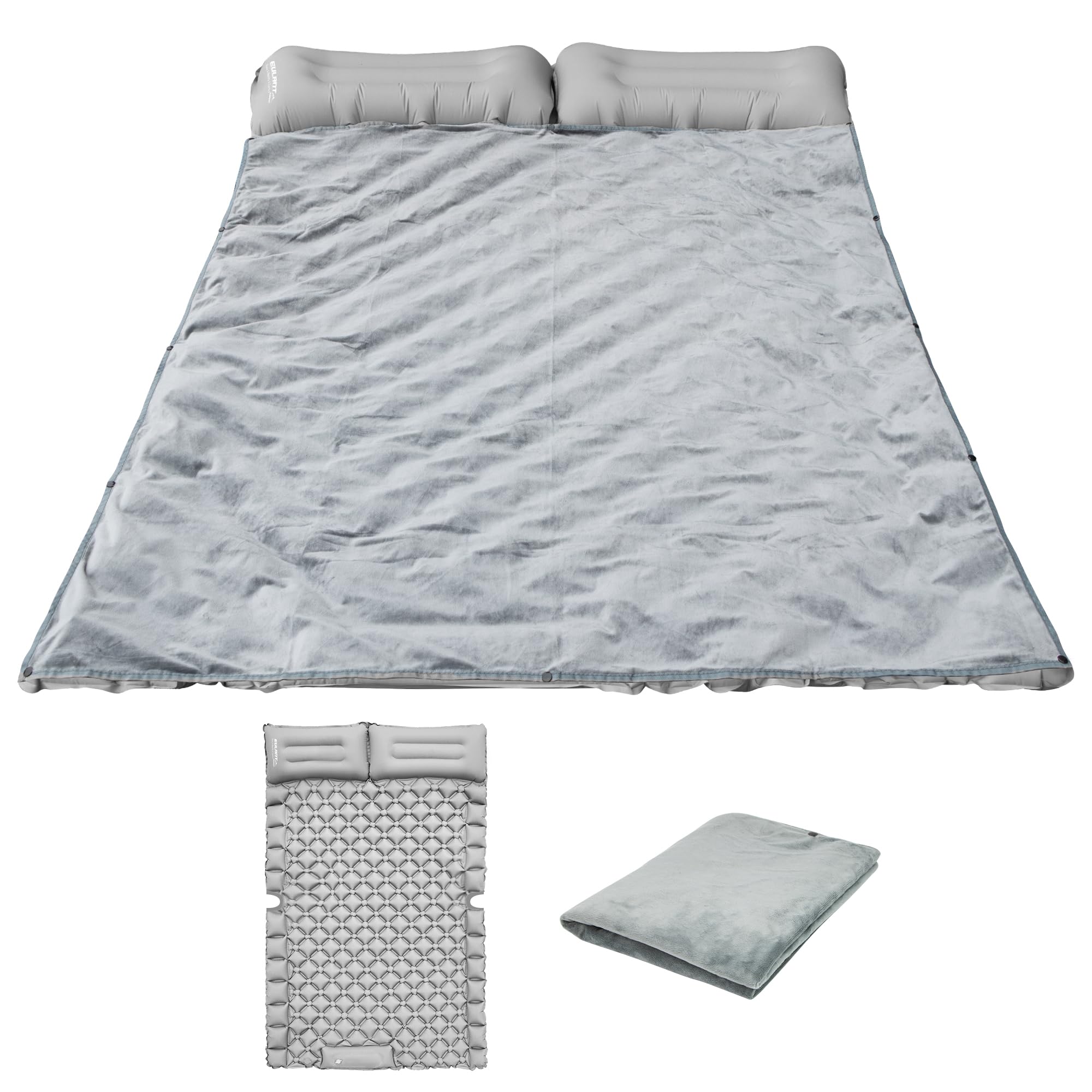 Gray sleeping bag with pillow on a white background