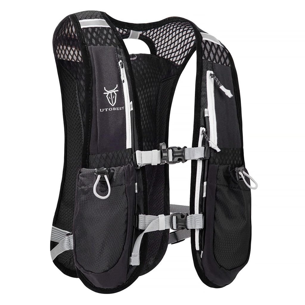 Black hydration vest with white accents on a white background