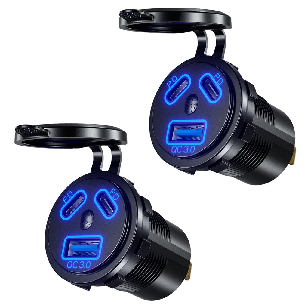Two black car charging ports with blue LED indicators on a white background