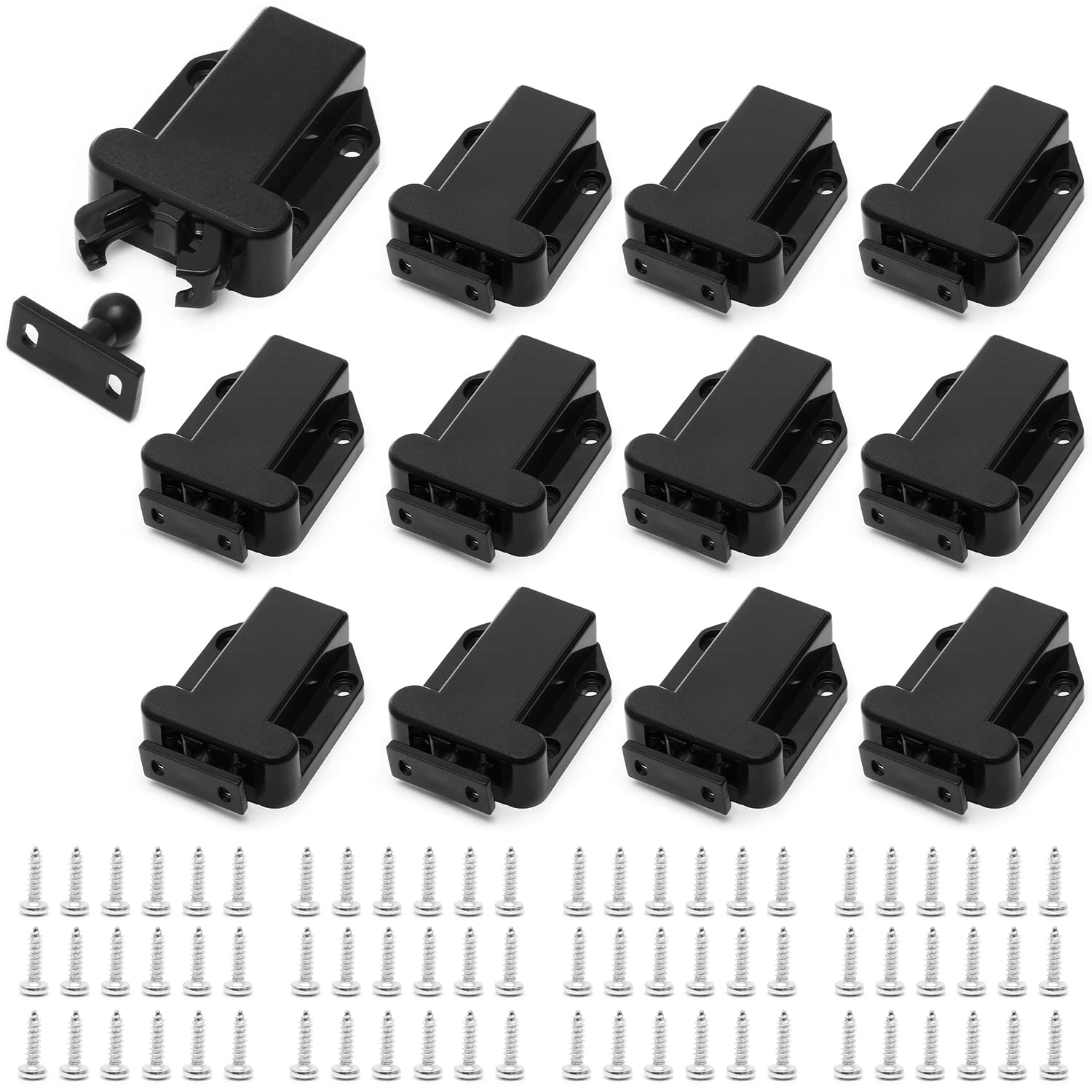 Set of black plastic clips with screws on a white background