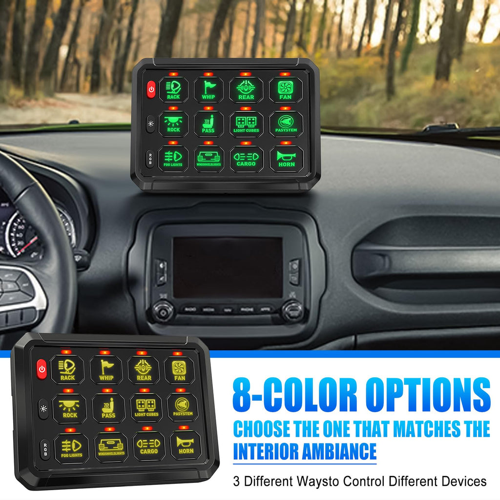 Car dashboard with control panel displaying 8-color options and vehicle functions.