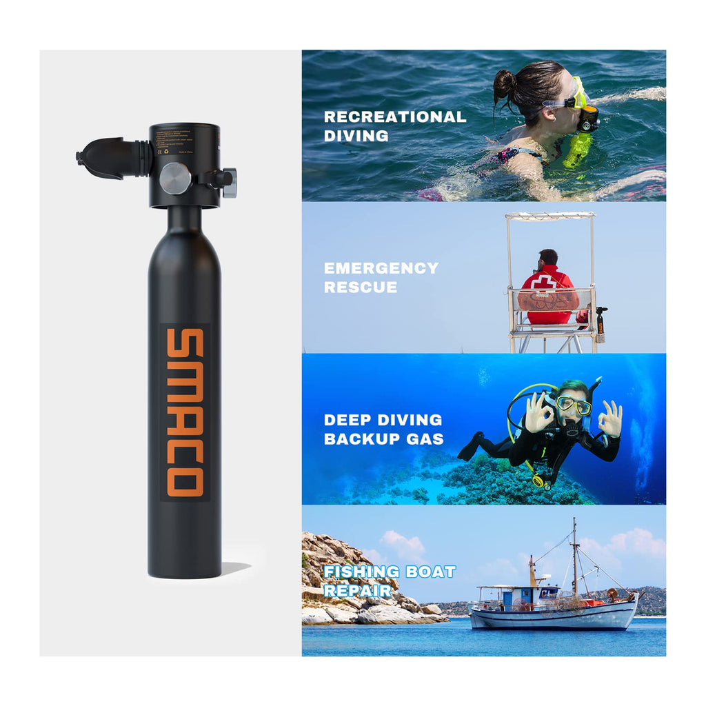 SMACO diving tank with images of diving activities and scenarios on a white background