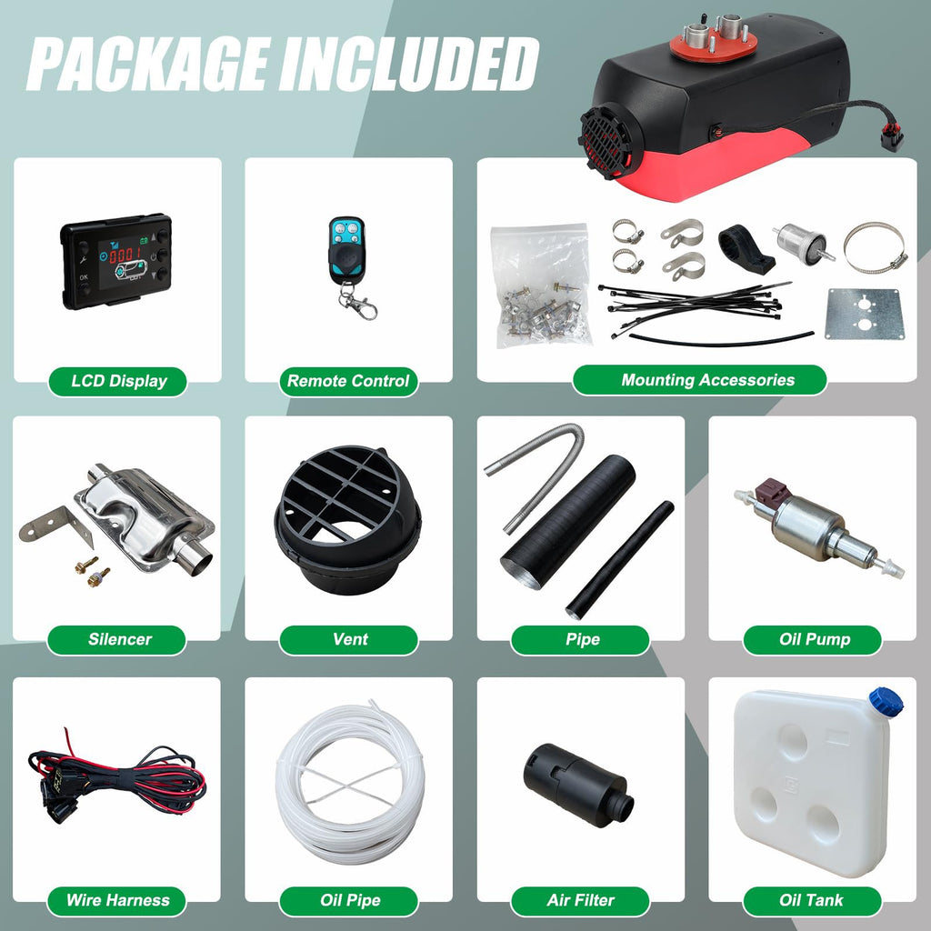 List of automotive parts and accessories with labels on a gray background