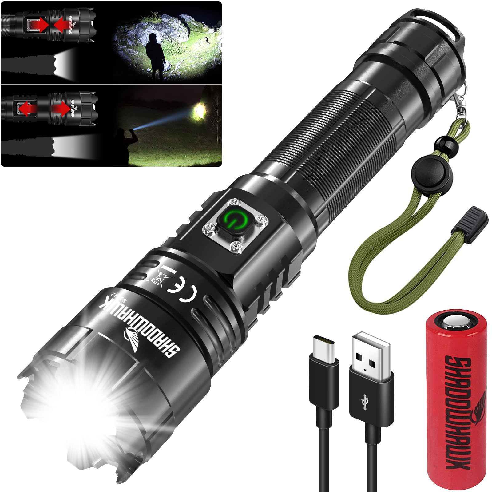 Black flashlight with green light indicator, USB cable, and red battery pack on a white background