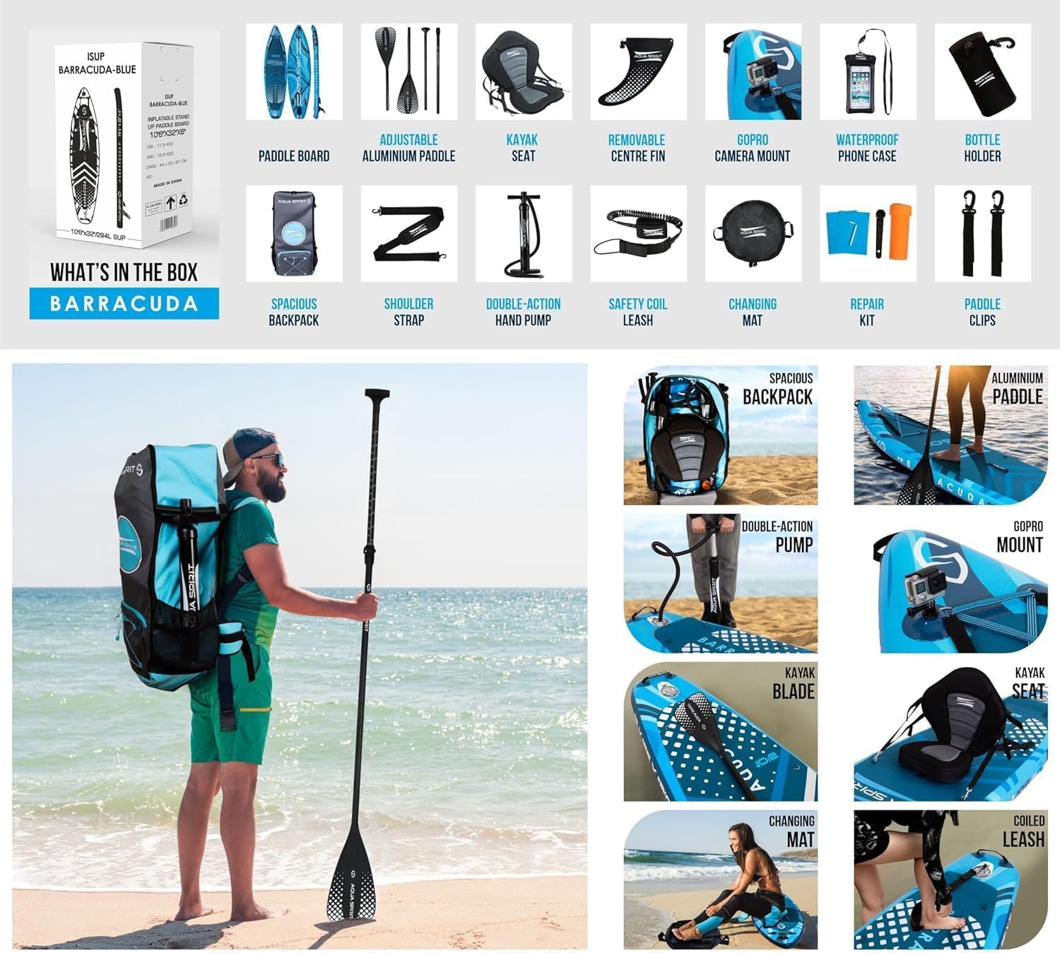 Collage of Barracuda kayak accessories with a man on a beach holding a paddle.