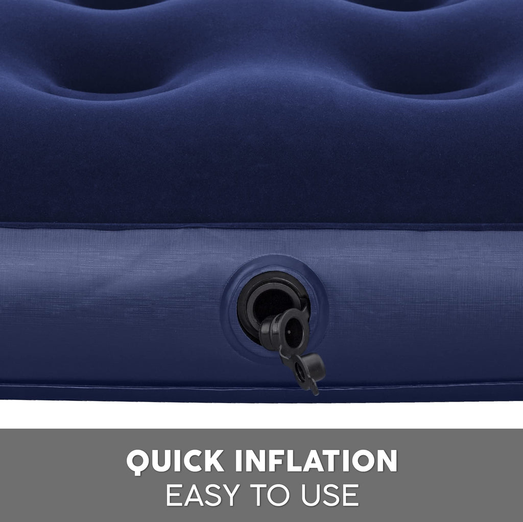 Inflatable mattress with valve for quick inflation, on a dark blue background.