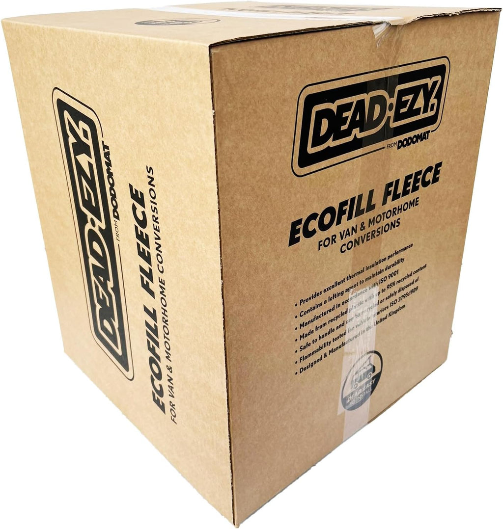 Cardboard box of Dead-Ezy Ecofill Fleece for van and motorhome conversions on a white background