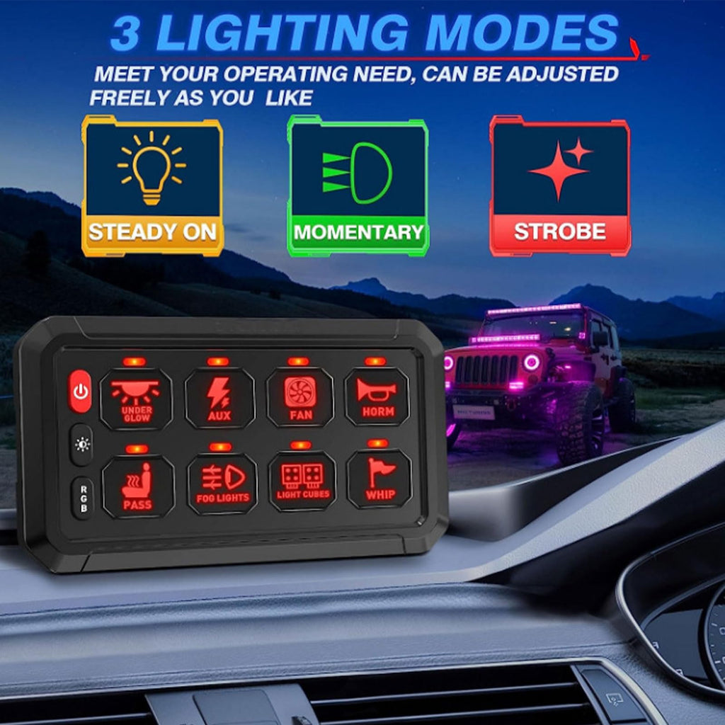 Car dashboard with a lighting control panel displaying three lighting modes and a vehicle with LED lights in the background.