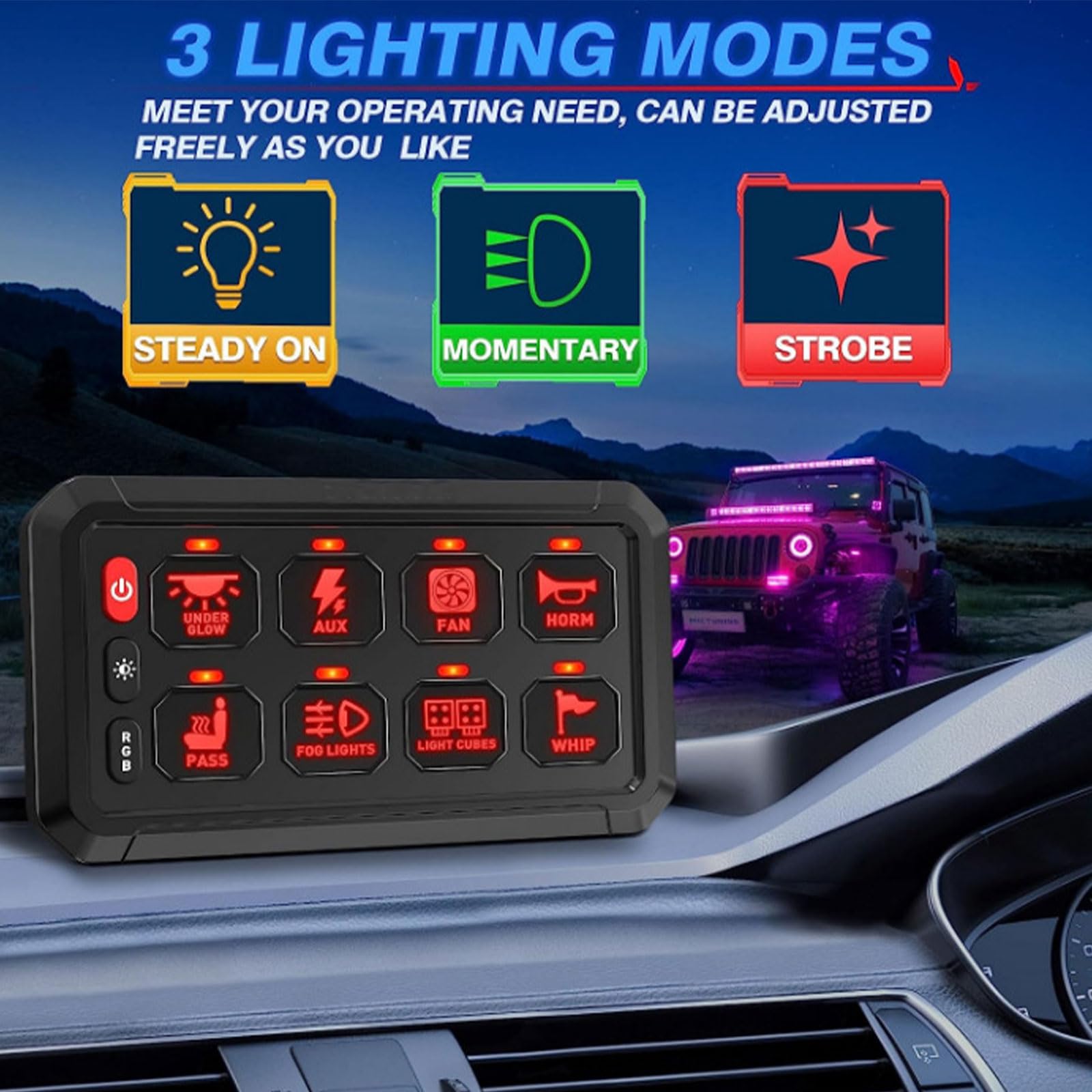 Car dashboard with a lighting control panel displaying three lighting modes and a vehicle with LED lights in the background.