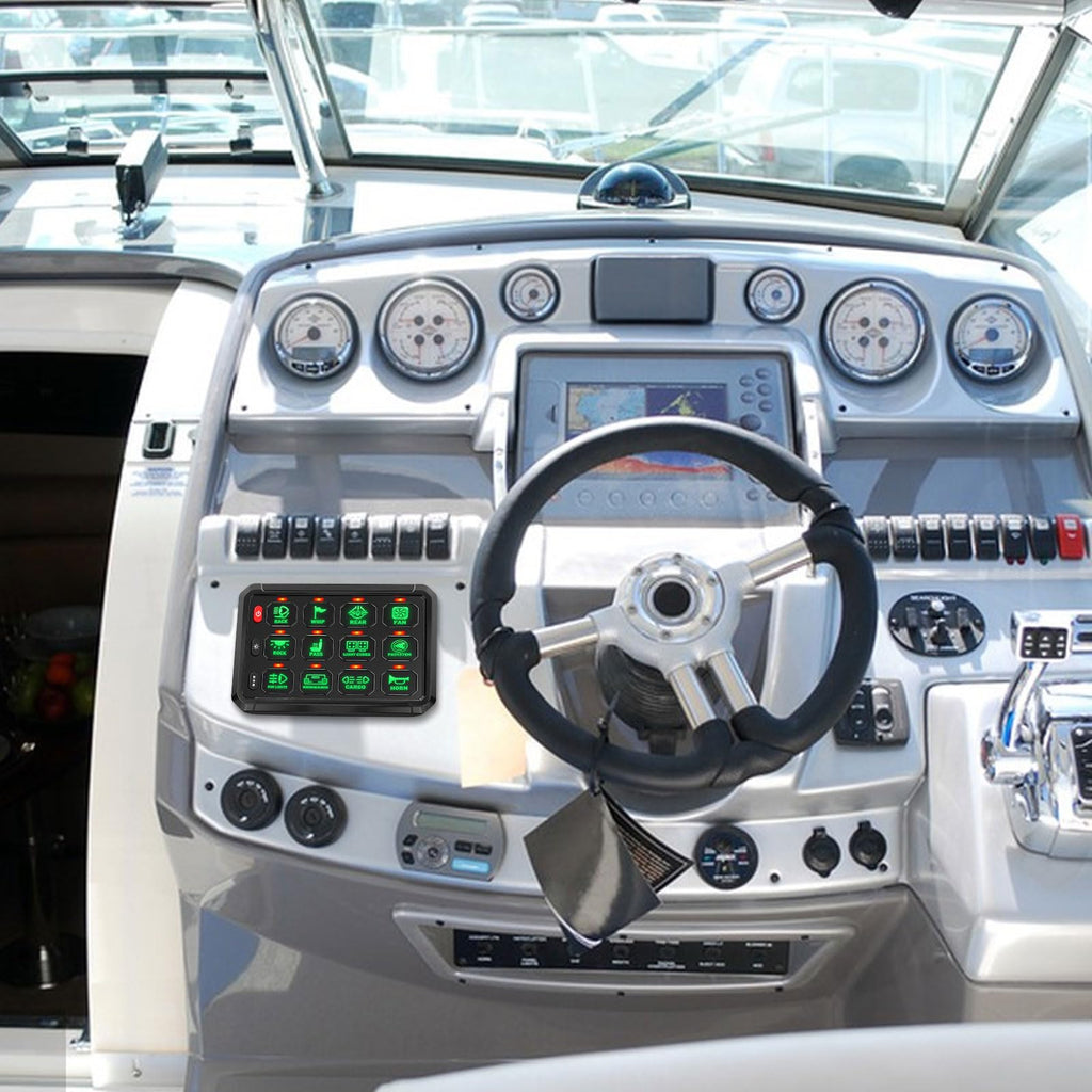 Boat dashboard with steering wheel and control panel