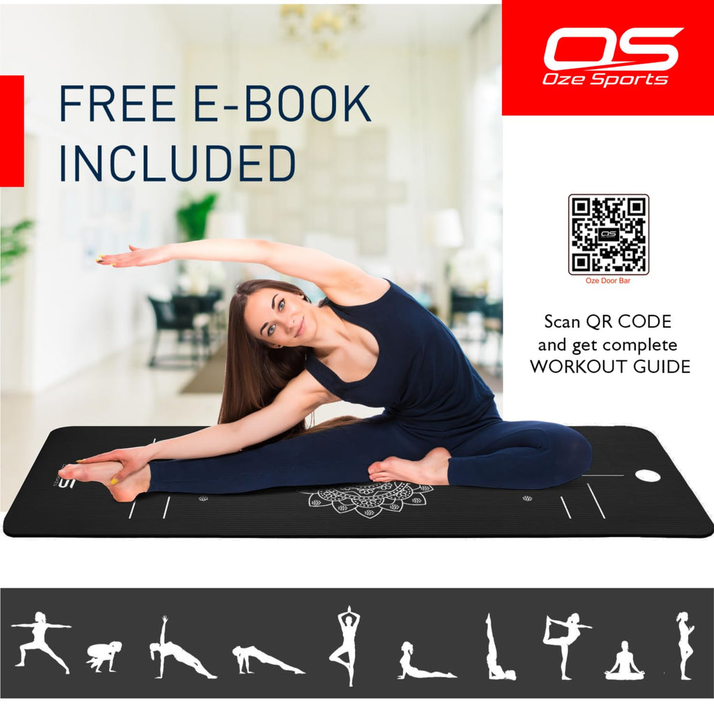Woman stretching on a yoga mat with Oze Sports branding and a QR code for a workout guide.