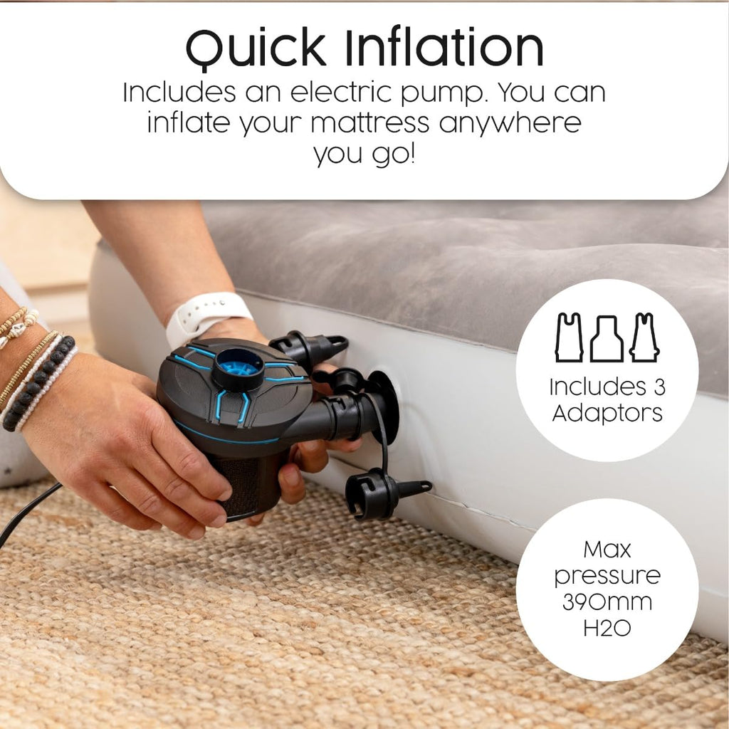 Person inflating a mattress with an electric pump, featuring text about quick inflation and included adaptors.