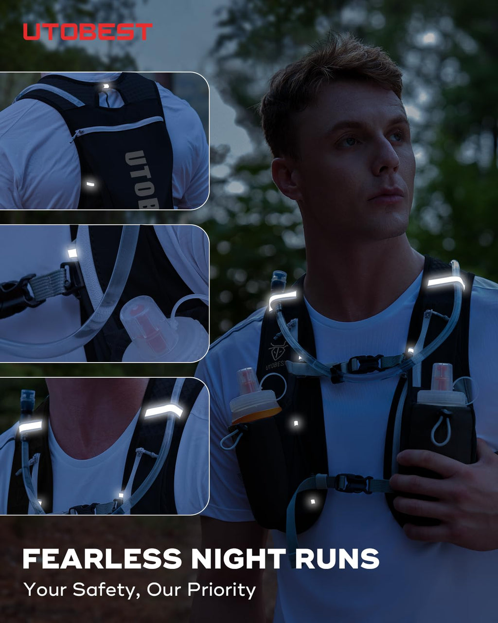 Person wearing a reflective running vest with UTOBEST branding, holding a water bottle at night.