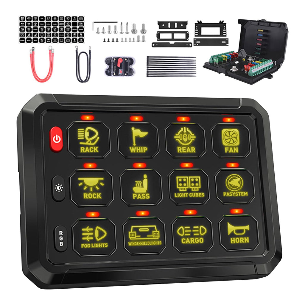 Control panel with illuminated buttons and accessories on a white background